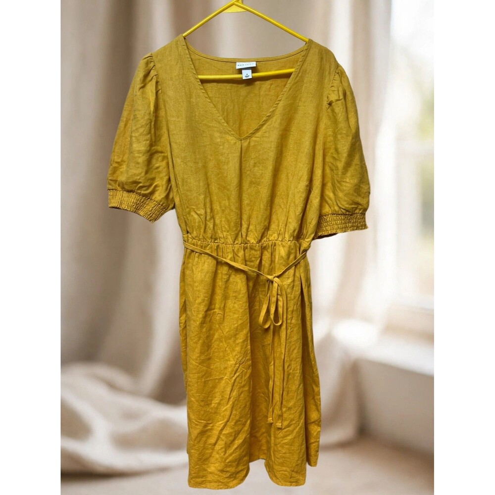 Plus Size AVA & Viv Linen Blend Mustard Yellow Dress Sz X (1X) Boho Cottagecore